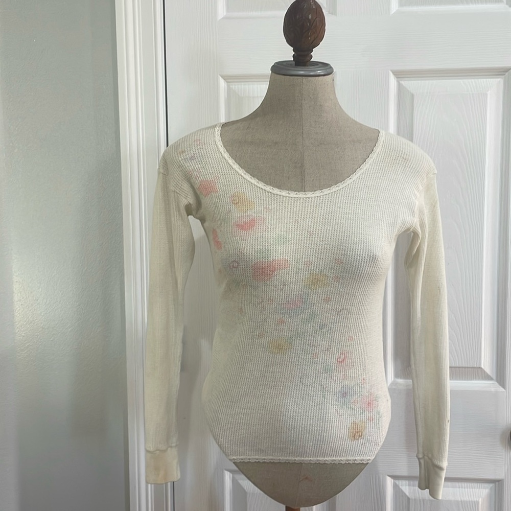 Vintage Carter’s thermal top white pink floral waffle cotton women’s size small